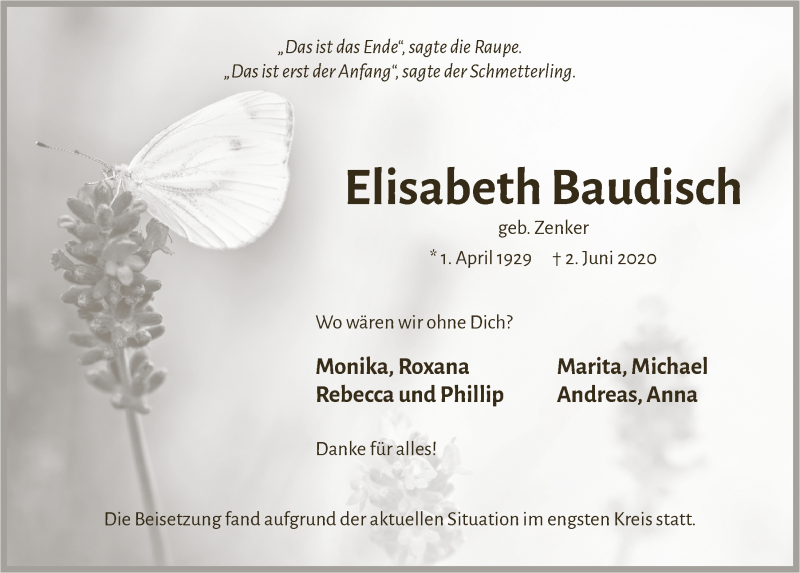  Traueranzeige für Elisabeth Baudisch vom 12.06.2020 aus  Lokalanzeiger 