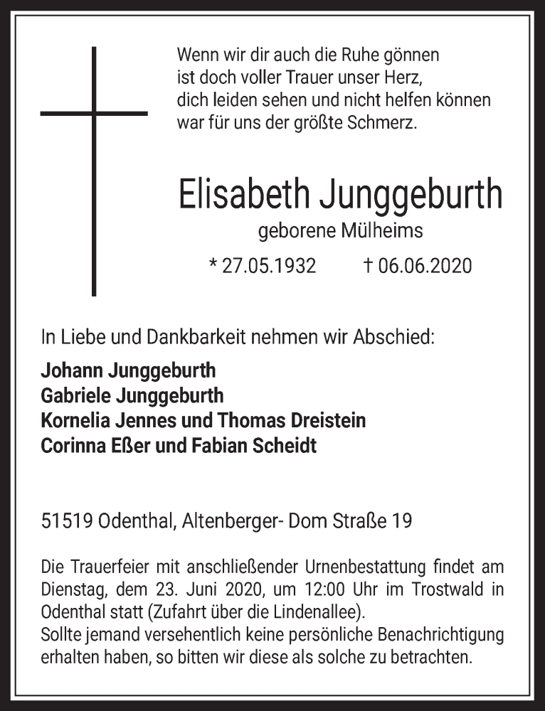  Traueranzeige für Elisabeth Junggeburth vom 19.06.2020 aus  Werbepost 