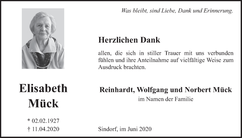  Traueranzeige für Elisabeth Mück vom 19.06.2020 aus  Werbepost 