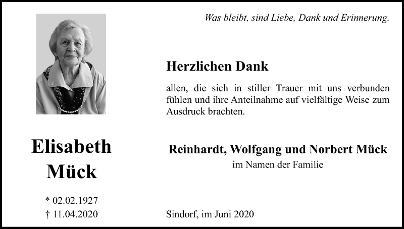  Traueranzeige für Elisabeth Mück vom 20.06.2020 aus Kölner Stadt-Anzeiger / Kölnische Rundschau / Express