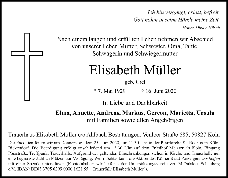  Traueranzeige für Elisabeth Müller vom 20.06.2020 aus Kölner Stadt-Anzeiger / Kölnische Rundschau / Express