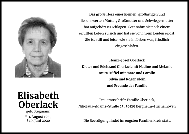 Traueranzeige für Elisabeth Oberlack vom 23.06.2020 aus Kölner Stadt-Anzeiger / Kölnische Rundschau / Express