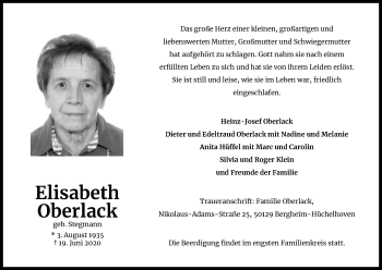 Anzeige von Elisabeth Oberlack von Kölner Stadt-Anzeiger / Kölnische Rundschau / Express