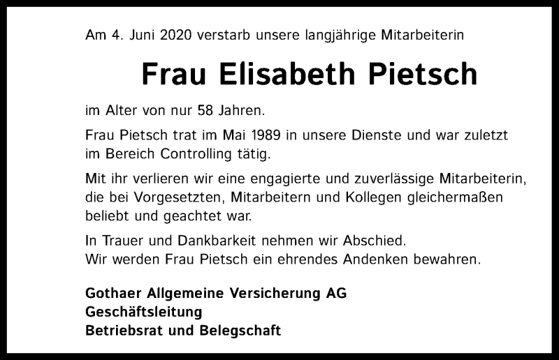  Traueranzeige für Elisabeth Pietsch vom 13.06.2020 aus Kölner Stadt-Anzeiger / Kölnische Rundschau / Express