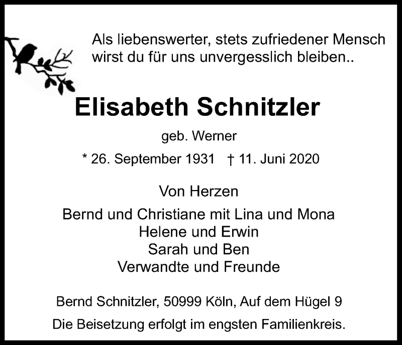  Traueranzeige für Elisabeth Schnitzler vom 20.06.2020 aus Kölner Stadt-Anzeiger / Kölnische Rundschau / Express
