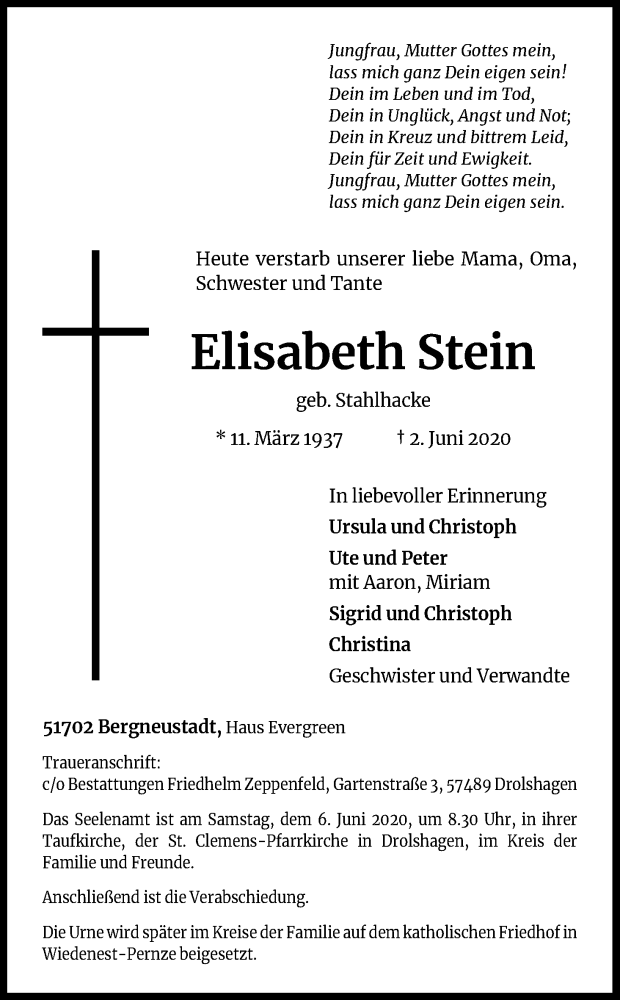  Traueranzeige für Elisabeth Stein vom 05.06.2020 aus Kölner Stadt-Anzeiger / Kölnische Rundschau / Express