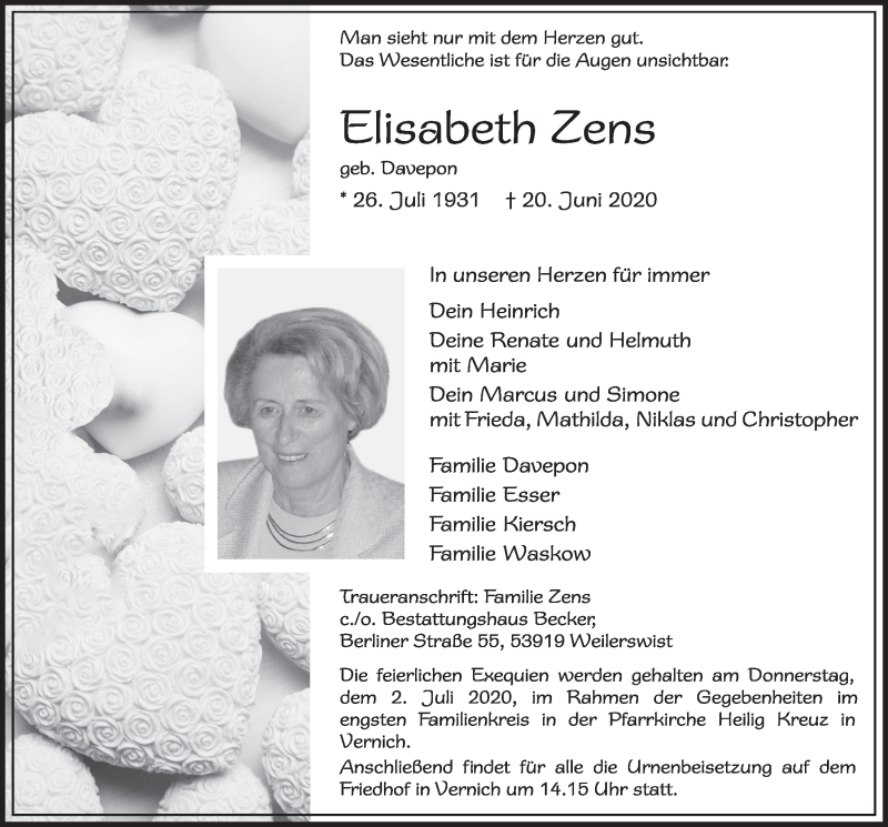  Traueranzeige für Elisabeth Zens vom 27.06.2020 aus  Blickpunkt Euskirchen 
