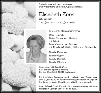 Anzeige von Elisabeth Zens von Kölner Stadt-Anzeiger / Kölnische Rundschau / Express