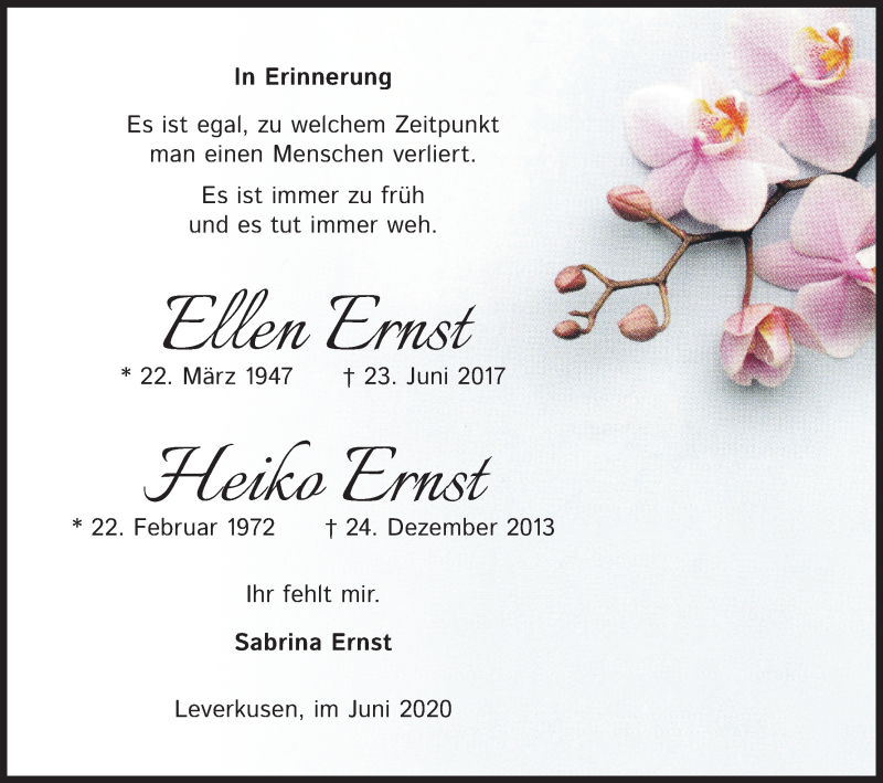  Traueranzeige für Ellen Ernst vom 20.06.2020 aus Kölner Stadt-Anzeiger / Kölnische Rundschau / Express