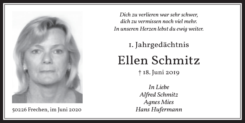  Traueranzeige für Ellen Schmitz vom 19.06.2020 aus  Wochenende 