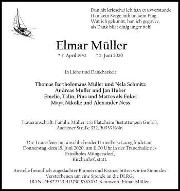 Anzeige von Elmar Müller von Kölner Stadt-Anzeiger / Kölnische Rundschau / Express