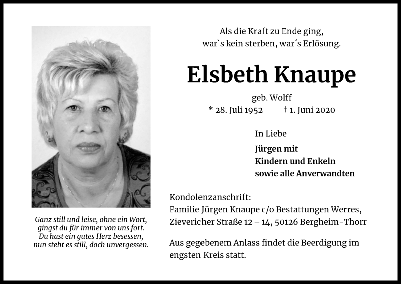  Traueranzeige für Elsbeth Knaupe vom 04.06.2020 aus Kölner Stadt-Anzeiger / Kölnische Rundschau / Express