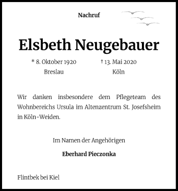 Anzeige von Elsbeth Neugebauer von Kölner Stadt-Anzeiger / Kölnische Rundschau / Express