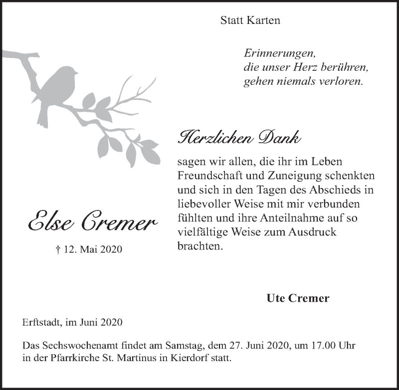  Traueranzeige für Else Cremer vom 19.06.2020 aus  Werbepost 