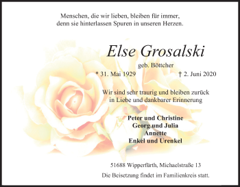 Anzeige von Else Grosalski von Kölner Stadt-Anzeiger / Kölnische Rundschau / Express