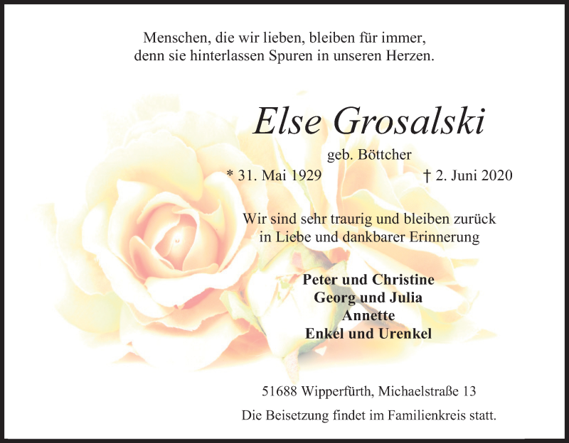  Traueranzeige für Else Grosalski vom 06.06.2020 aus Kölner Stadt-Anzeiger / Kölnische Rundschau / Express