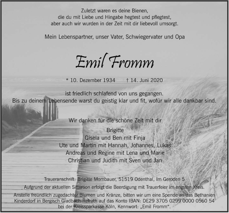  Traueranzeige für Emil Fromm vom 26.06.2020 aus  Bergisches Handelsblatt 
