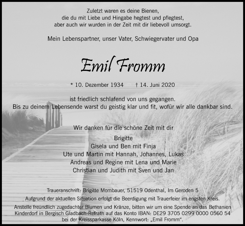  Traueranzeige für Emil Fromm vom 20.06.2020 aus Kölner Stadt-Anzeiger / Kölnische Rundschau / Express