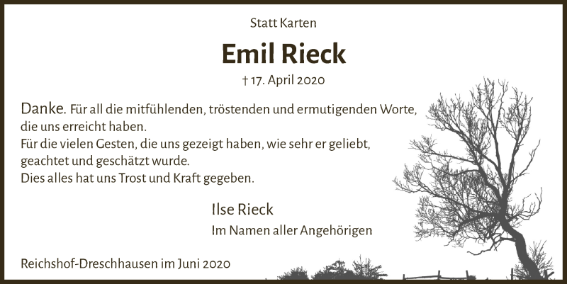  Traueranzeige für Emil Rieck vom 05.06.2020 aus  Anzeigen Echo 