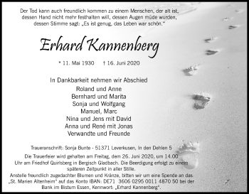 Anzeige von Erhard Kannenberg von Kölner Stadt-Anzeiger / Kölnische Rundschau / Express