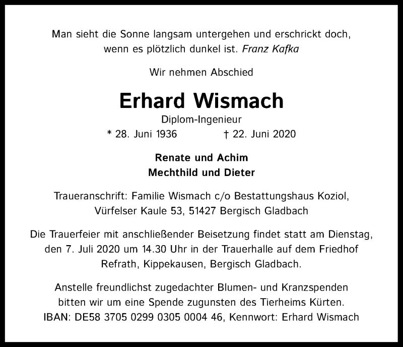  Traueranzeige für Erhard Wismach vom 30.06.2020 aus Kölner Stadt-Anzeiger / Kölnische Rundschau / Express