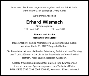 Anzeige von Erhard Wismach von Kölner Stadt-Anzeiger / Kölnische Rundschau / Express