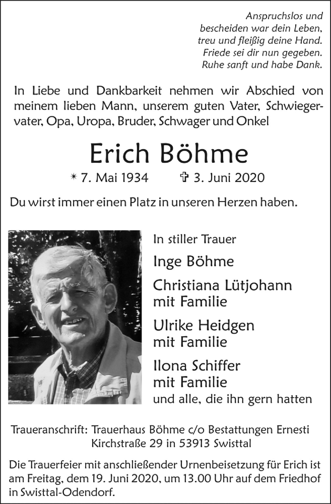  Traueranzeige für Erich Böhme vom 12.06.2020 aus  Schaufenster/Blickpunkt 