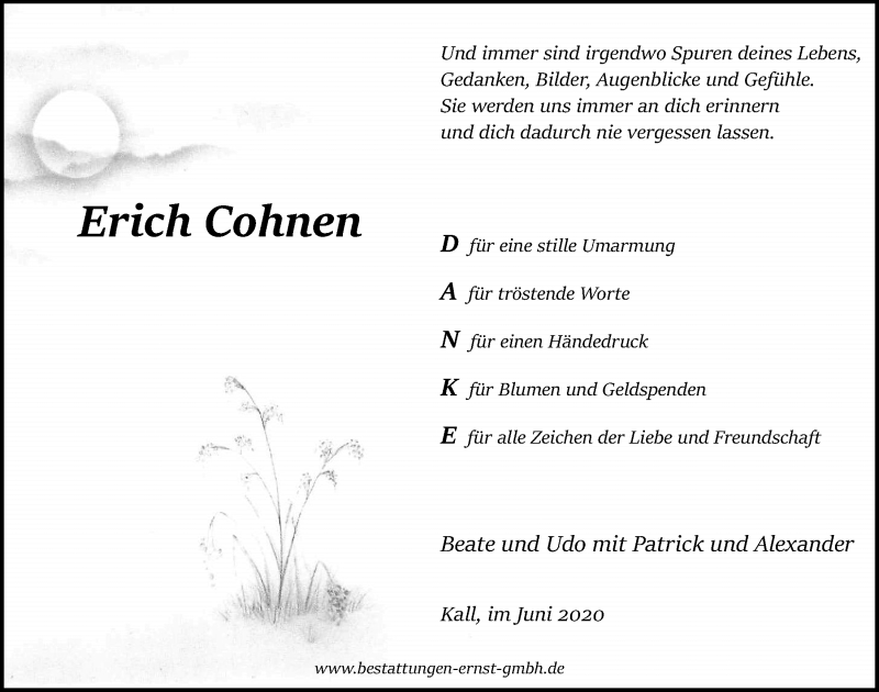  Traueranzeige für Erich Cohnen vom 06.06.2020 aus  Blickpunkt Euskirchen 