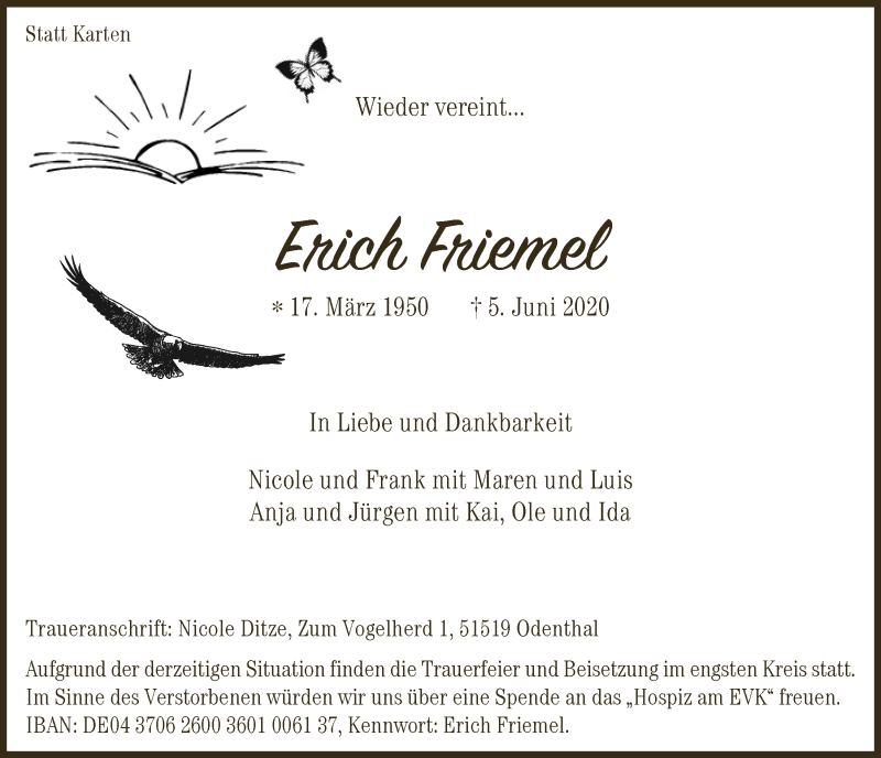  Traueranzeige für Erich Friemel vom 19.06.2020 aus  Bergisches Handelsblatt 