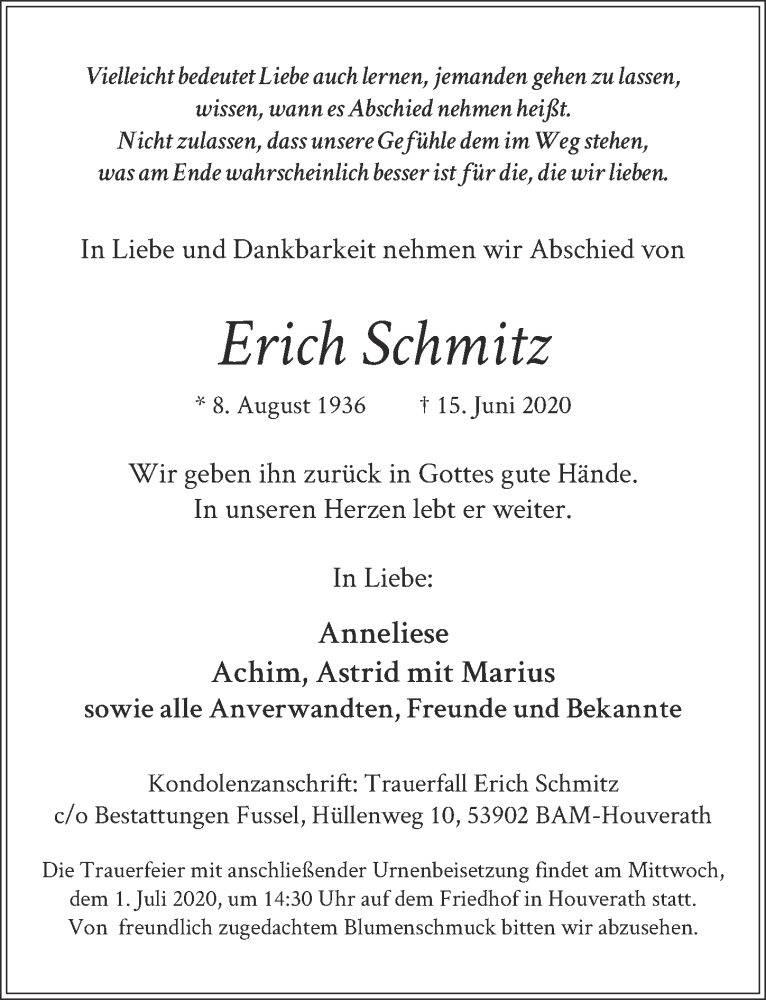  Traueranzeige für Erich Schmitz vom 27.06.2020 aus  Blickpunkt Euskirchen 