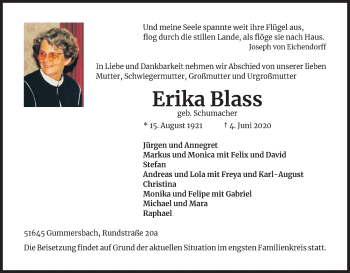 Anzeige von Erika Blass von Kölner Stadt-Anzeiger / Kölnische Rundschau / Express