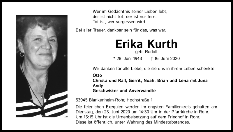  Traueranzeige für Erika Kurth vom 20.06.2020 aus Kölner Stadt-Anzeiger / Kölnische Rundschau / Express