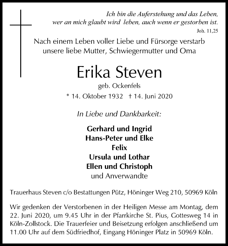  Traueranzeige für Erika Steven vom 20.06.2020 aus Kölner Stadt-Anzeiger / Kölnische Rundschau / Express