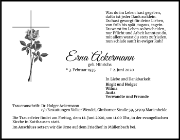 Anzeige von Erna Ackermann von Kölner Stadt-Anzeiger / Kölnische Rundschau / Express