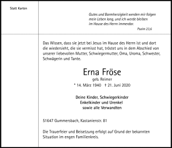 Anzeige von Erna Fröse von  Anzeigen Echo 