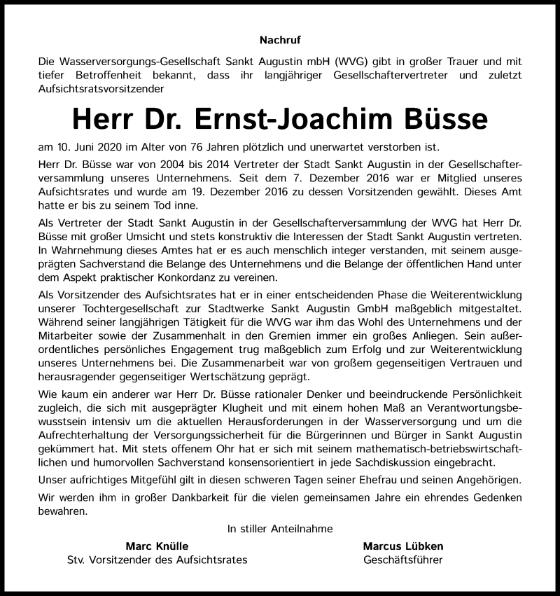  Traueranzeige für Ernst-Joachim Büsse vom 17.06.2020 aus Kölner Stadt-Anzeiger / Kölnische Rundschau / Express