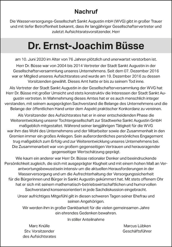  Traueranzeige für Ernst-Joachim Büsse vom 19.06.2020 aus  Extra Blatt 