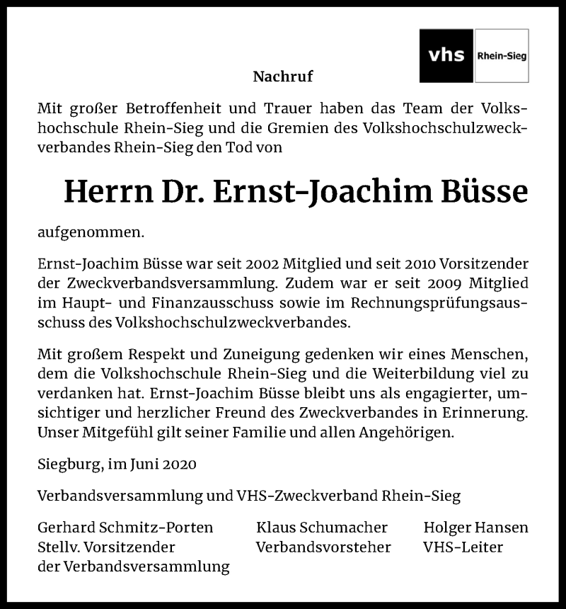  Traueranzeige für Ernst-Joachim Büsse vom 18.06.2020 aus Kölner Stadt-Anzeiger / Kölnische Rundschau / Express