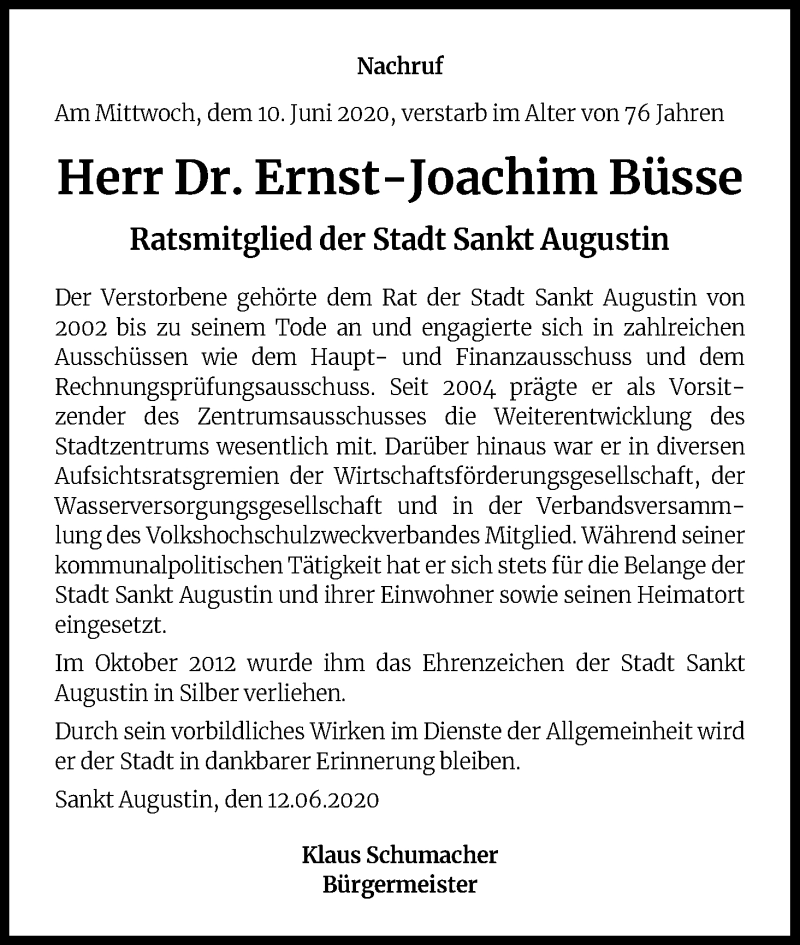  Traueranzeige für Ernst-Joachim Büsse vom 17.06.2020 aus Kölner Stadt-Anzeiger / Kölnische Rundschau / Express