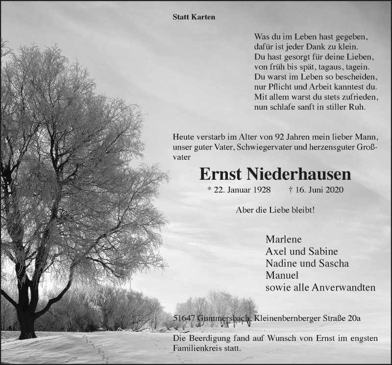  Traueranzeige für Ernst Niederhausen vom 26.06.2020 aus  Anzeigen Echo 