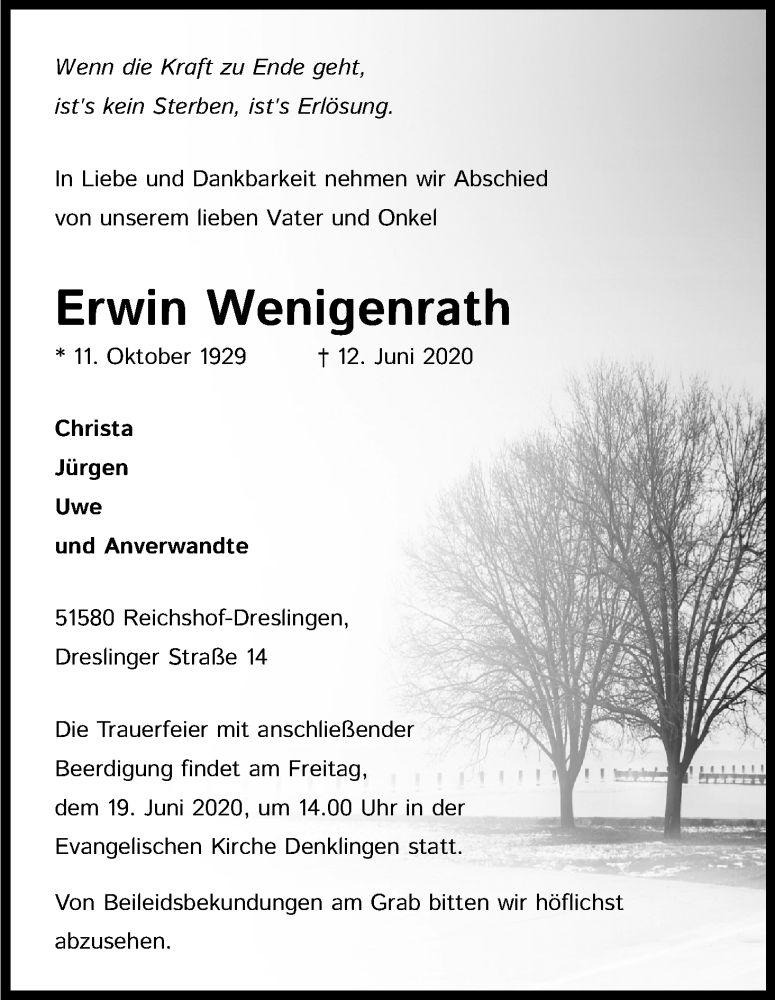  Traueranzeige für Erwin Wenigenrath vom 16.06.2020 aus Kölner Stadt-Anzeiger / Kölnische Rundschau / Express
