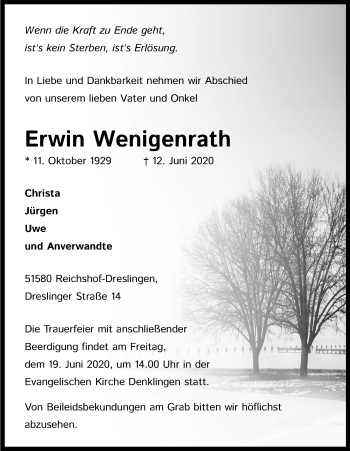 Anzeige von Erwin Wenigenrath von Kölner Stadt-Anzeiger / Kölnische Rundschau / Express