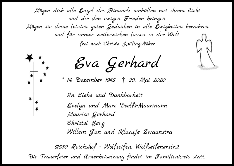  Traueranzeige für Eva Gerhard vom 04.06.2020 aus Kölner Stadt-Anzeiger / Kölnische Rundschau / Express
