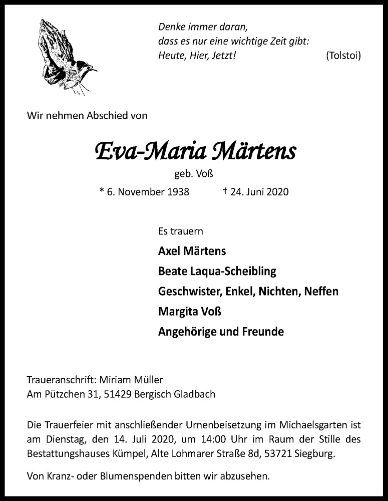  Traueranzeige für Eva-Maria Märtens vom 27.06.2020 aus Kölner Stadt-Anzeiger / Kölnische Rundschau / Express
