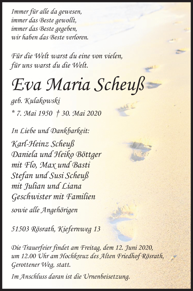  Traueranzeige für Eva Maria Scheuß vom 06.06.2020 aus Kölner Stadt-Anzeiger / Kölnische Rundschau / Express