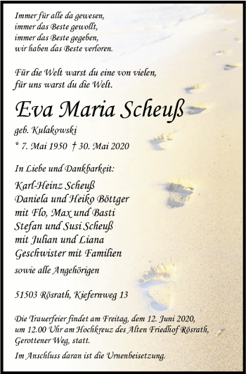 Anzeige von Eva Maria Scheuß von  Bergisches Handelsblatt 