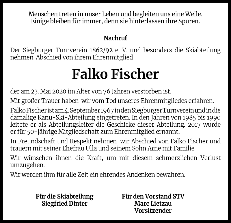  Traueranzeige für Falko Fischer vom 06.06.2020 aus Kölner Stadt-Anzeiger / Kölnische Rundschau / Express