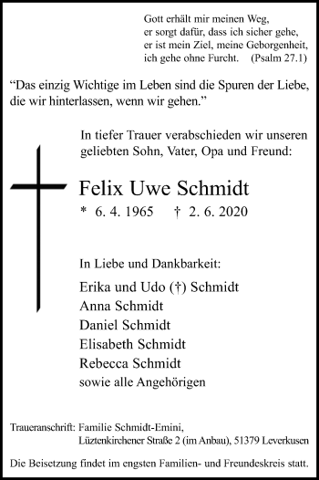 Anzeige von Felix Uwe Schmidt von Kölner Stadt-Anzeiger / Kölnische Rundschau / Express