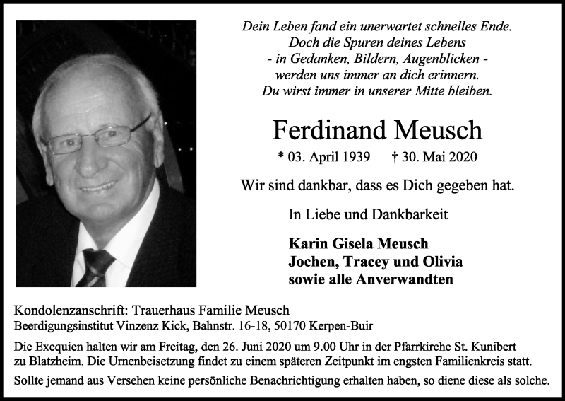 Traueranzeige für Ferdinand Meusch vom 20.06.2020 aus Kölner Stadt-Anzeiger / Kölnische Rundschau / Express