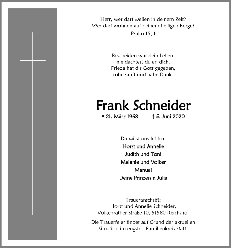  Traueranzeige für Frank Schneider vom 12.06.2020 aus  Anzeigen Echo 